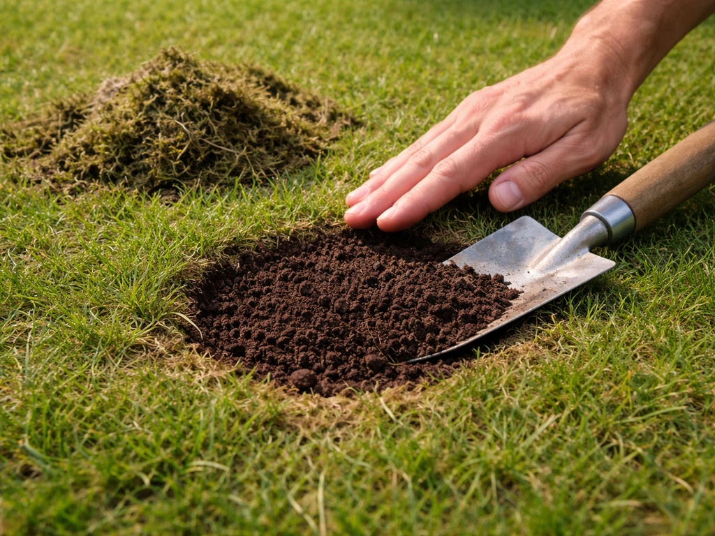 Kortgemaaid gazon met kuiltje dat wordt opgevuld met potgrond, mos en losse toplaag verwijderd