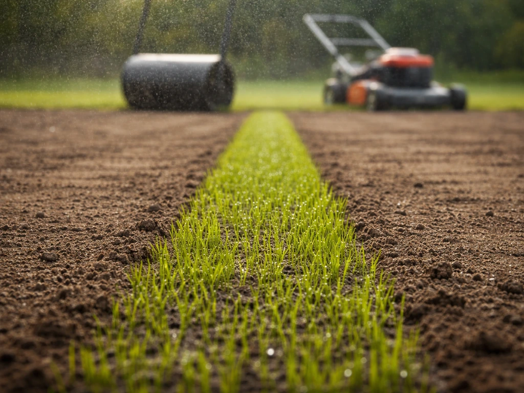 Vers ingezaaide, licht aangedrukte grasstrook met subtiele beregening; grasroller en maaier vaag op de achtergrond.