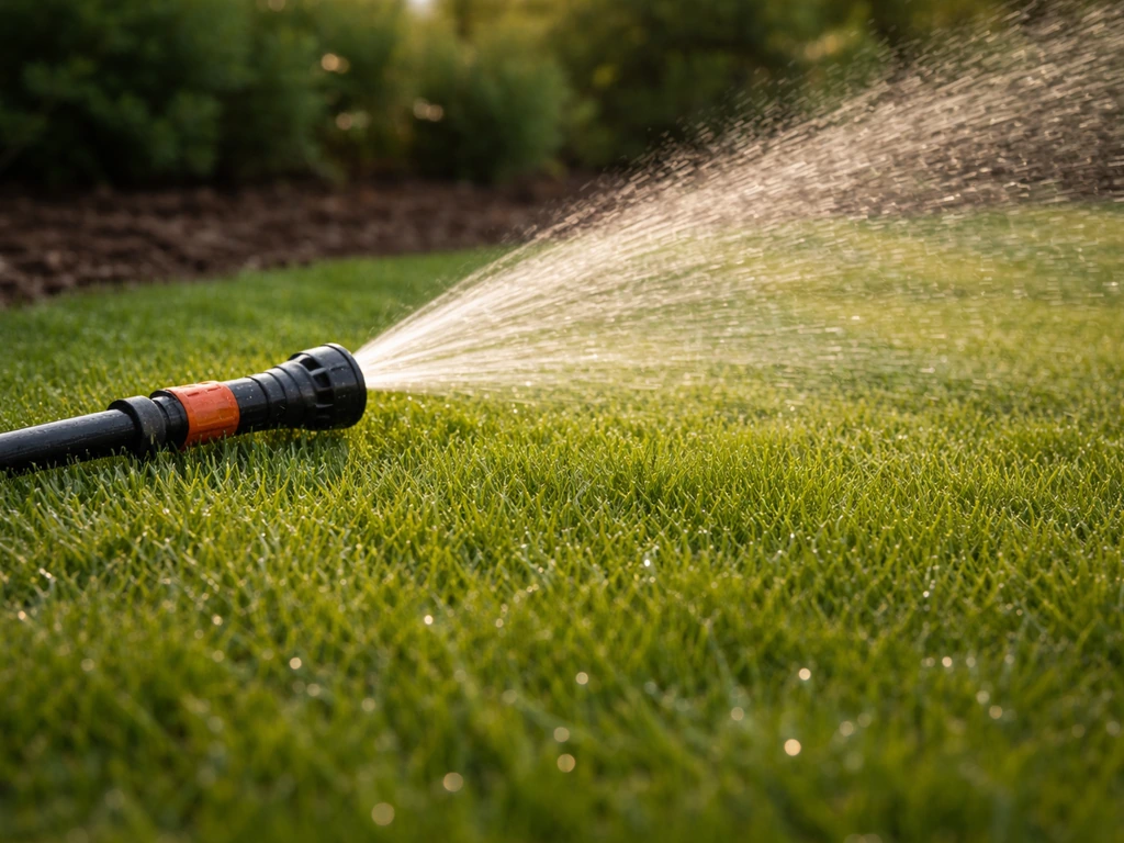 Gelijkmatige besproeiing van vers gazon door een sproeikop, met zichtbaar water op het gras.