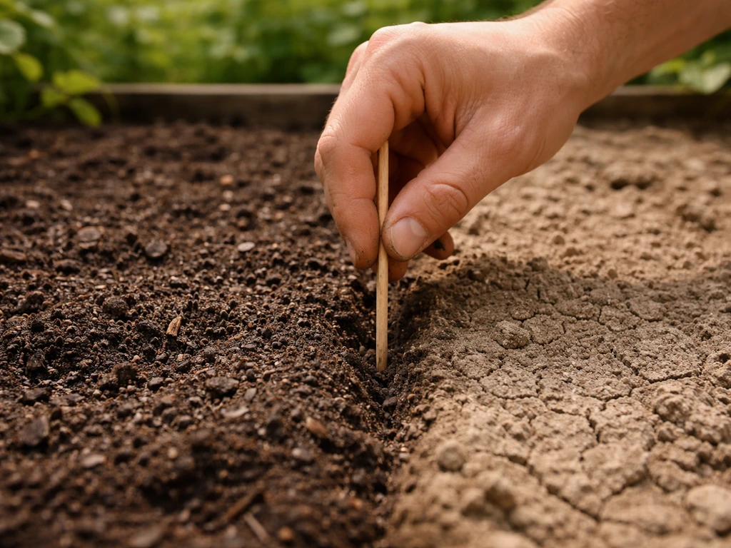 Hand steekt een houten stokje 5 cm in de grond; links vochtige, rechts droge aarde.