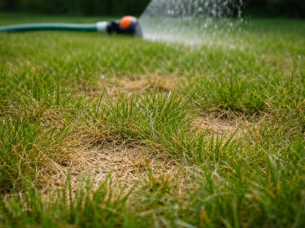 Close-up van droog en verdroogd gras met een paar spaarzame natte plekken na licht sproeien.