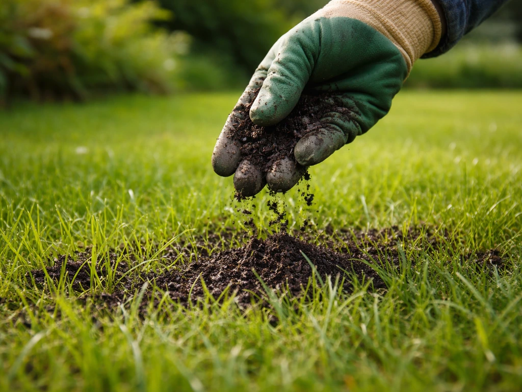 Iemand schept fijn compost tussen jonge gras sprieten op een gazon met kleine kuilen