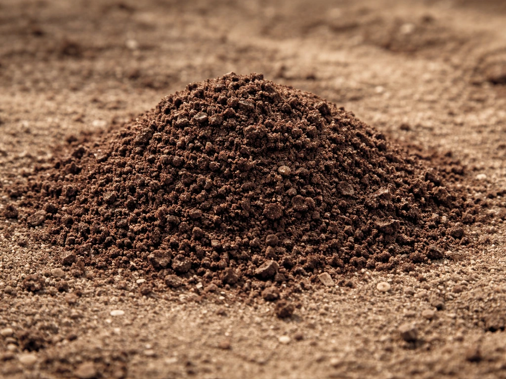 Close-up van fijne, rijpe gezeefde compostkorrels als topdressing op aarde