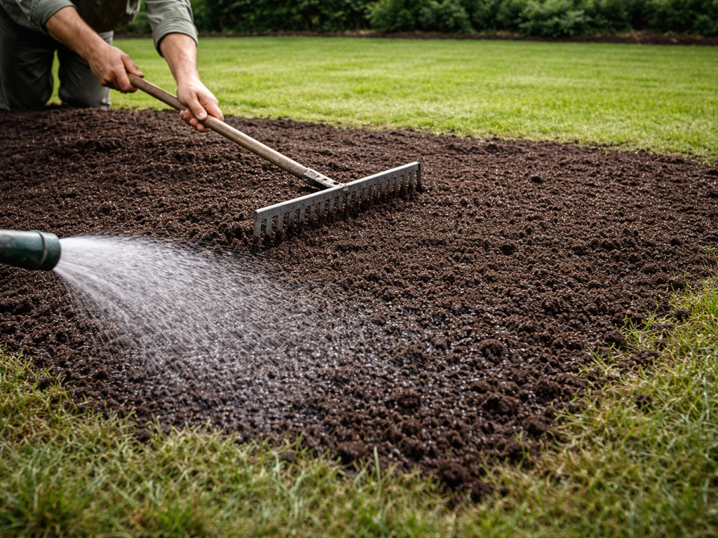 Tuinier harkt gelijkmatig een compostlaag uit en beregent het gazon met een tuinslang voor nazorg