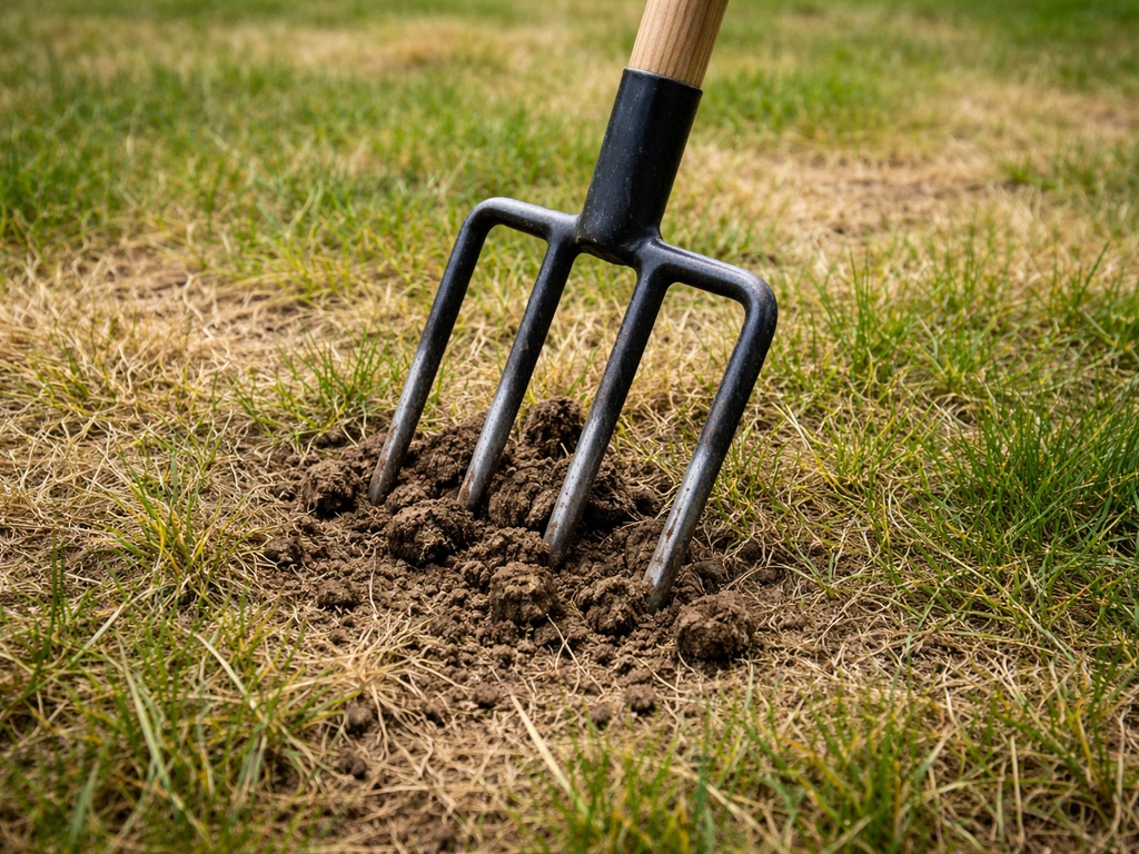Close-up van een beluchtingsgereedschap dat moeilijk in een verdicht gazon dringt, met geel gras door grasstress.