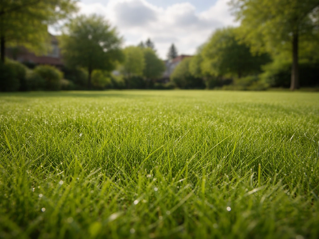 Vers, groen gazon met dauwdruppels onder licht bewolkte hemel, dat actief groeien in lente/herfst aangeeft.