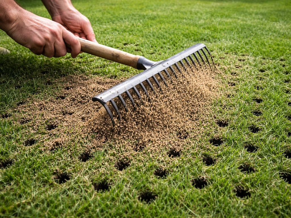 Close-up van beluchtingsgaten in een gazon terwijl zand/topdressing erin geveegd wordt.
