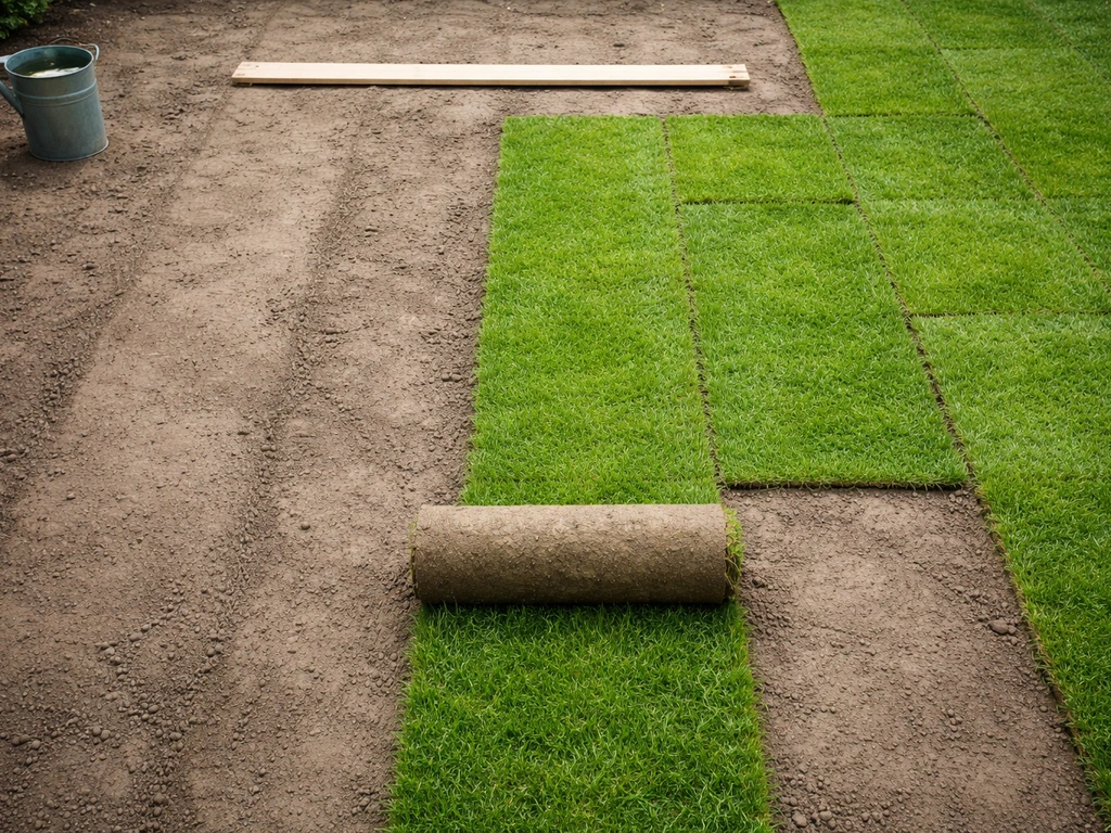 Bovenaanzicht van een geëgaliseerd tuinperceel met vers uitgerolde graszoden bij het begin van nieuw gazon aanleggen.