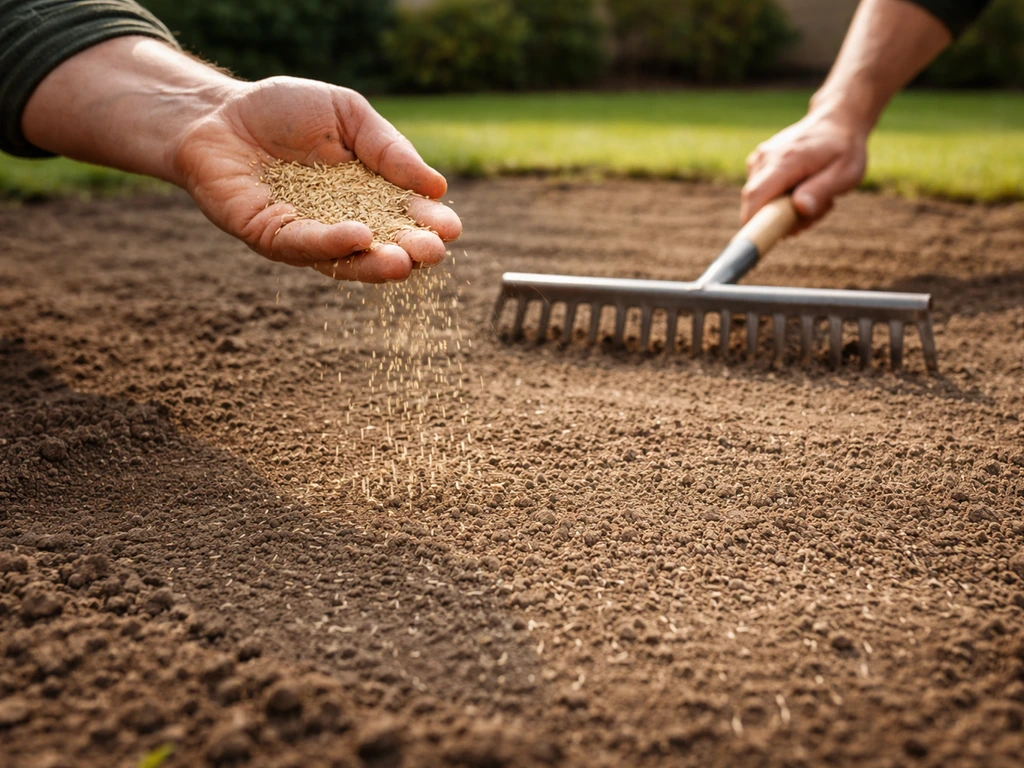 Close-up van graszaad dat gelijkmatig wordt verdeeld op voorbereide grond met harkje in de tuin.