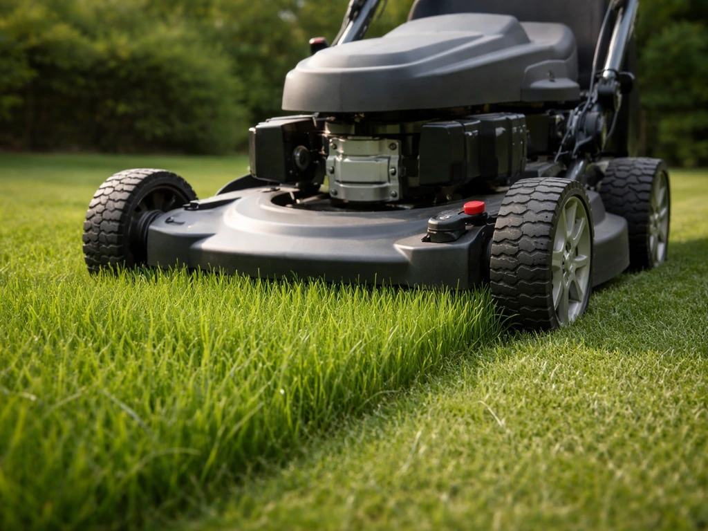 Graaier die over jong gezaaid gras van 8–10 cm rijdt, maaihoogte ingesteld op circa 5 cm.