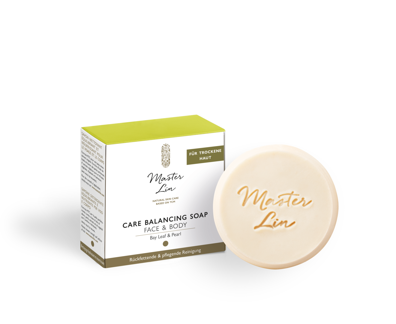 Rundes Seifenstück und Verpackung