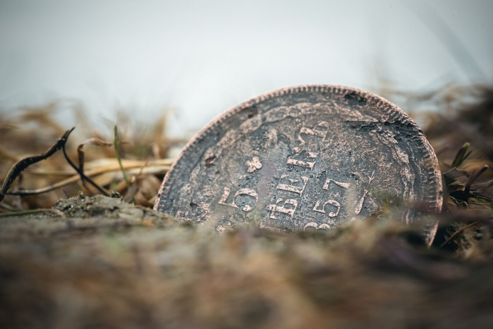 Nahaufnahme einer halbvergrabenen Münze