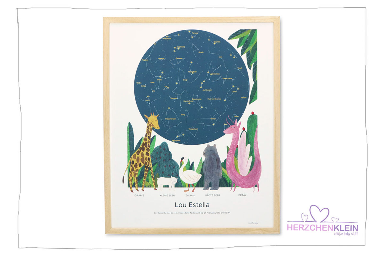 Ein Poster mit gezeichneten Tiere, die auf eine Sternenkarte schauen