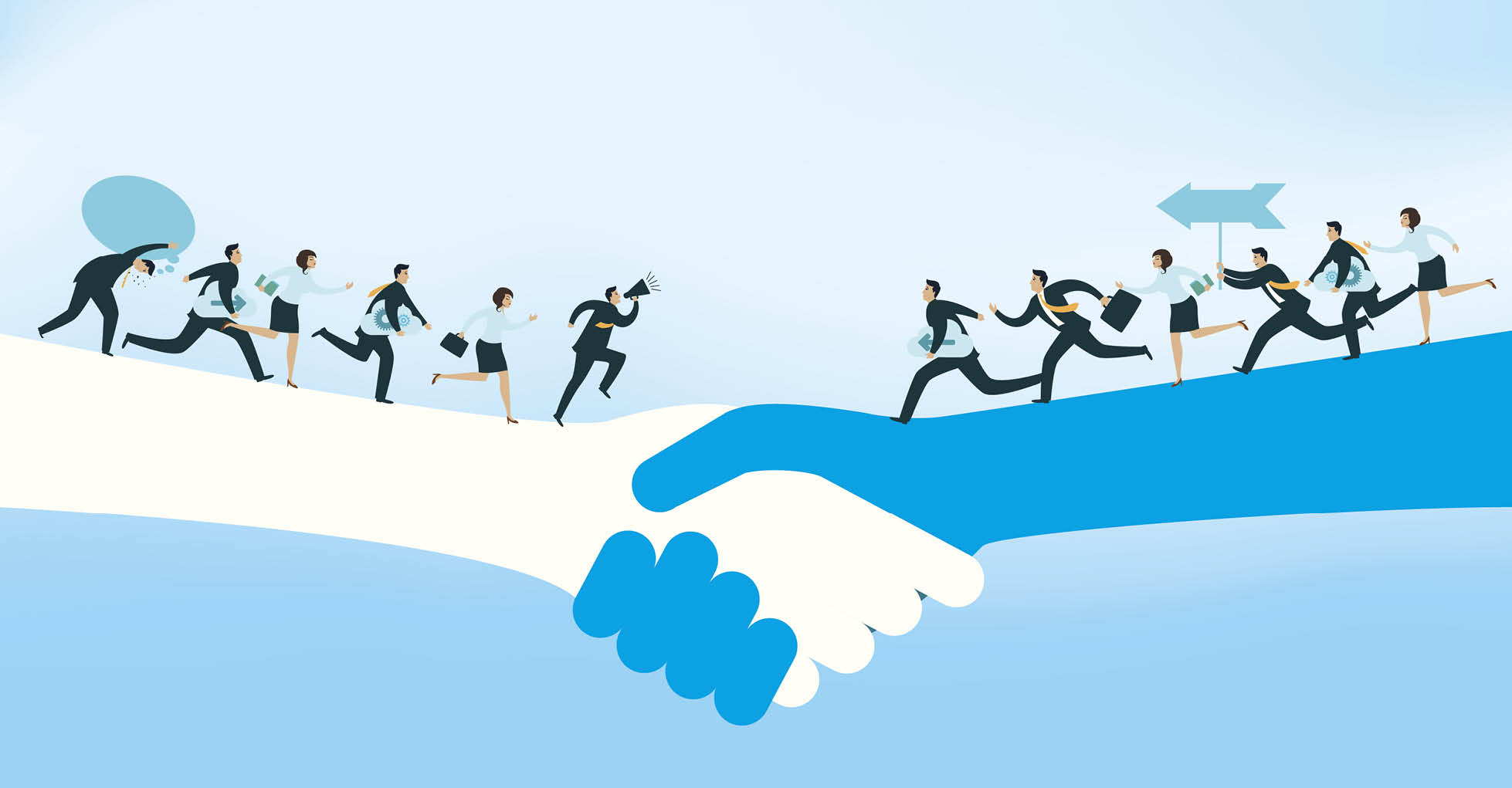 Mitarbeiter finden über eine Brücke zueinander