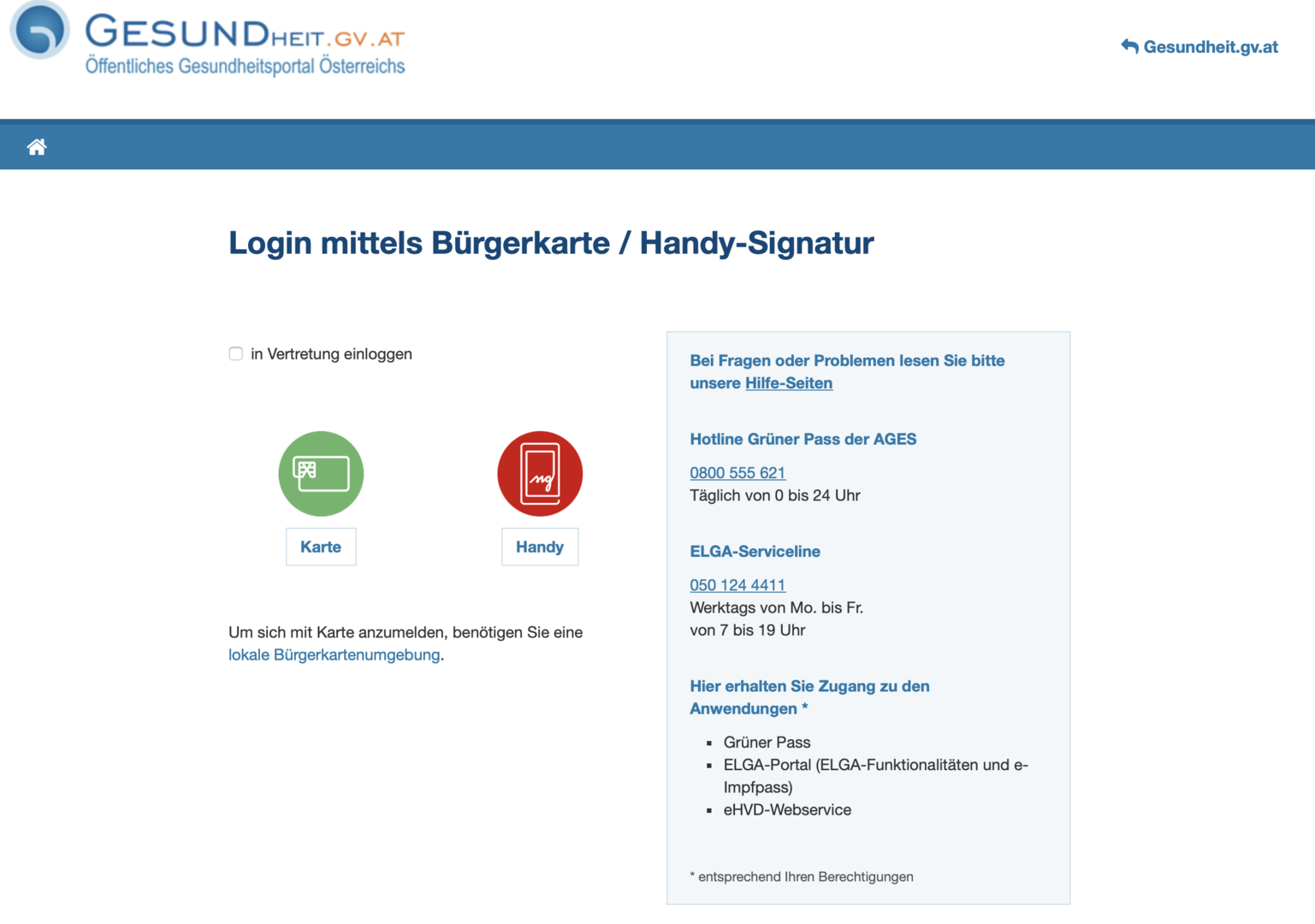 Login Möglichkeit mit Handysignaturoder Bürgerkarte, Screenshot