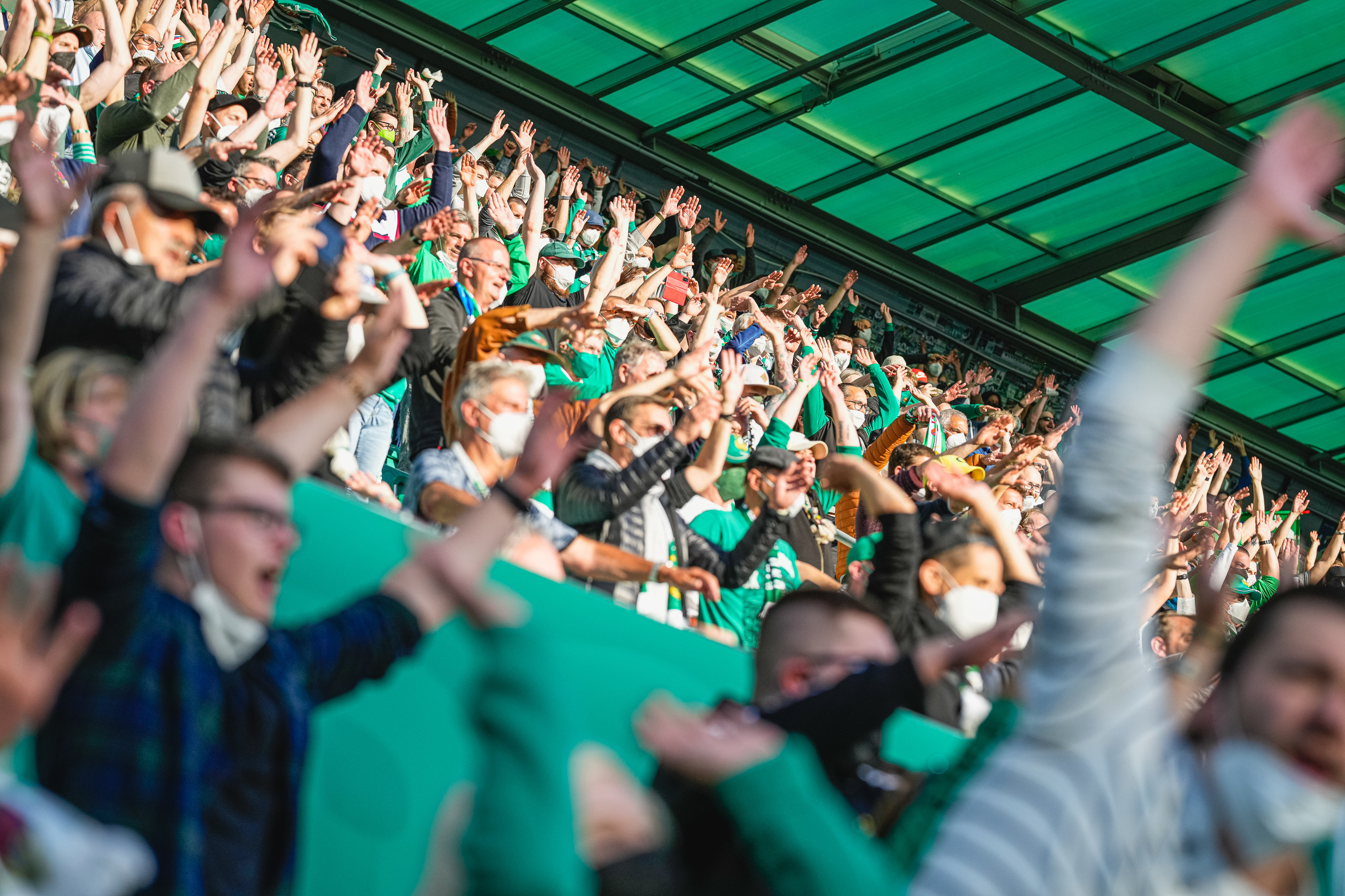 Grün gekleidete Rapid Fans im Stadion