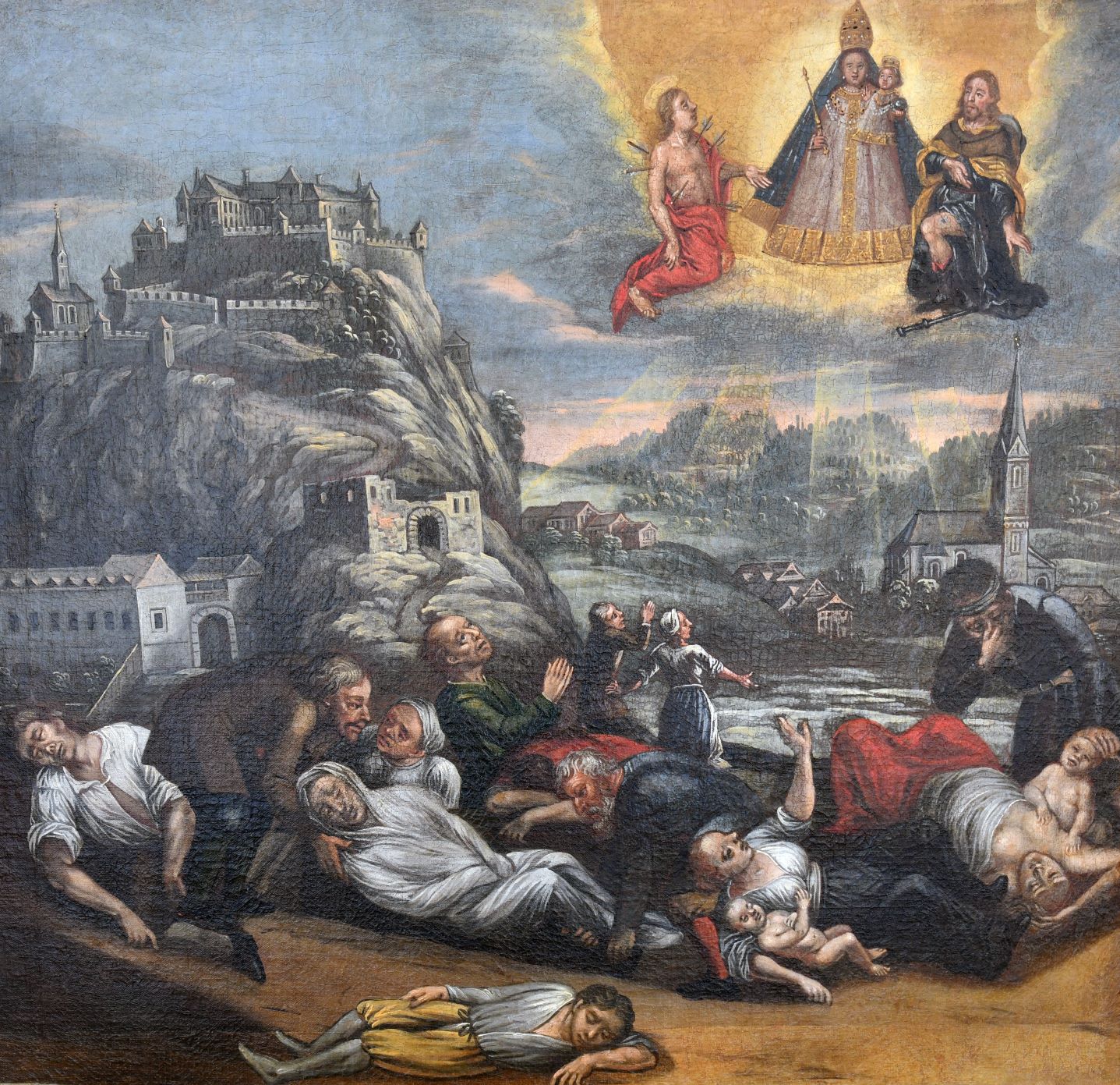 Ein klassisches Gemälde, das eine religiöse Szene aus Zeiten der Pest zeigt