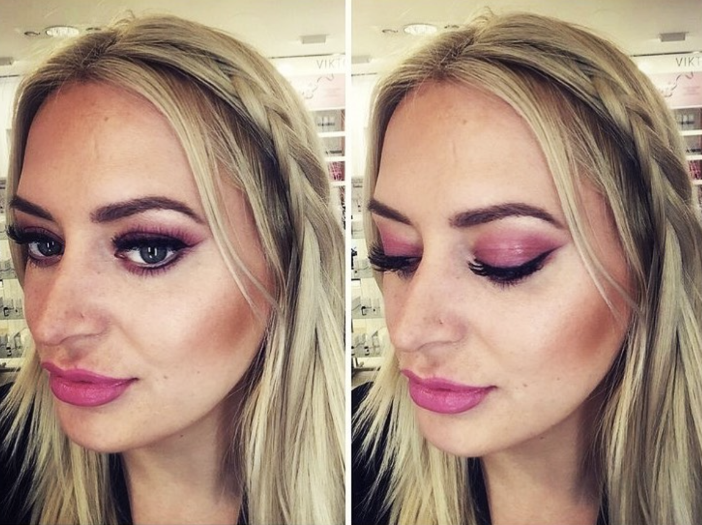 Vorher-Nachher Bilder einer jungen stark geschminkten Frau