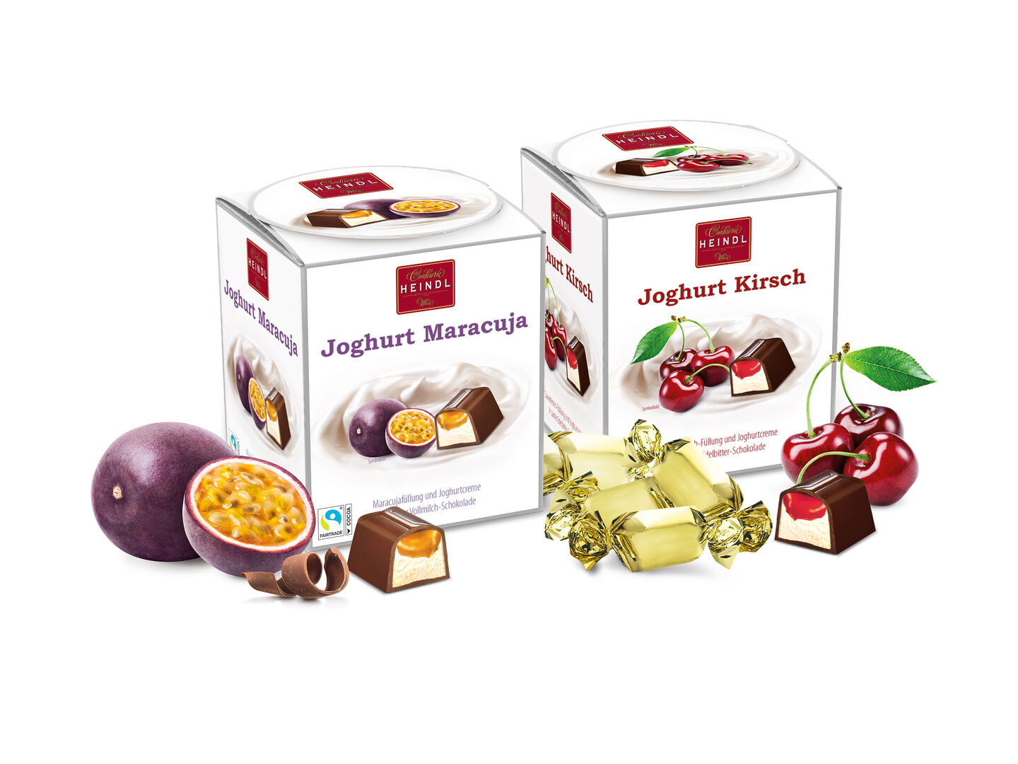 Zwei weiße Verpackungen von Joghurt Kirsch- und Joghurt Maracuja-Pralinen