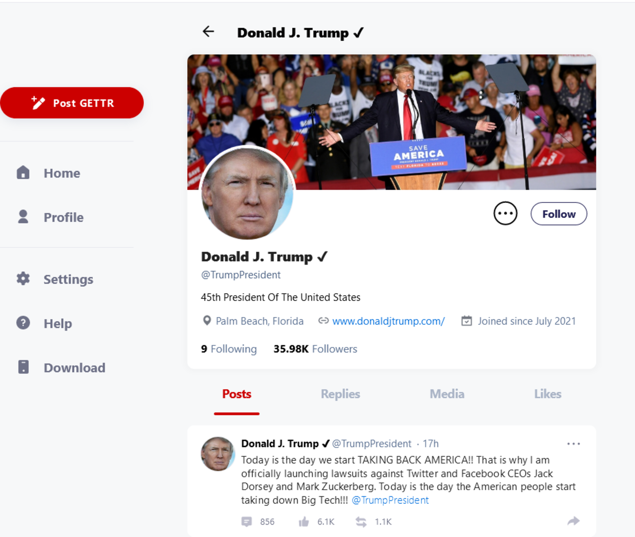 Screenshot von Donald Trumps Gettr Account