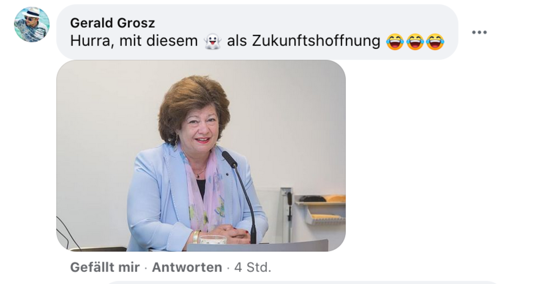 Ein Screenshot des Postings von Gerald Grosz: &quot;Hurra mit diesem Geist als Zukunftshoffnung&quot; Drei lachende Emojis, darunter ein Bild von Gemeinderätin Elisabeth Potzinger