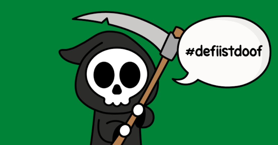 Gezeichneter Sensenmann vor grünem Hintergrund mit Sprechblase Defi ist doof