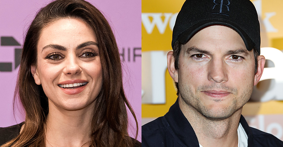 Porträts von Mila Kunis, lachend, und Ashton Kutcher, mit Kappe