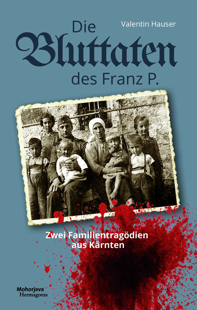 Cover des Buches &quot;Die Bluttaten des Franz P.&quot; mit historischem Familienfoto und illustriertem Blutfleck