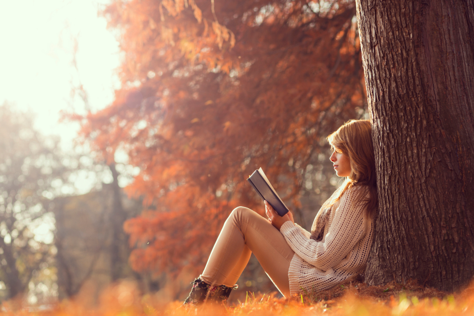 Vor herbstlicher Kulisse liest eine Frau ein Buch unter einem Baum | Credit: iStock.com/vladans
