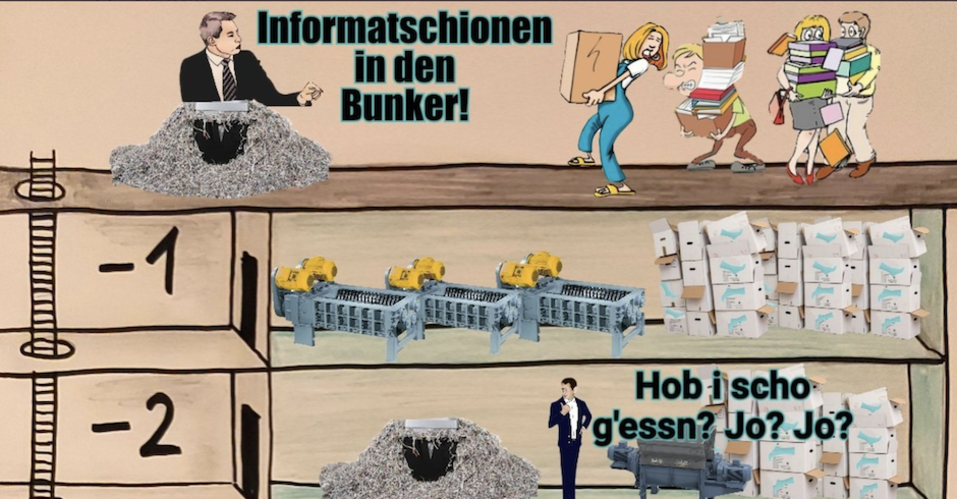 Ein mehrteiliger Comic. Im ersten Bild gibt Karl Nehammer den Befehl, Ksiten und Zettel in den Bunker zu tragen. Auf dem zweiten sieht man drei Fleischwölfe und einen Berg aktenksiten. Im dritten fragt Sebastian Kurz: &quot;Hob i scho g'essn? Jo? Jo?&quot;. Daneben ein Stappel Papierfetzen. Die Aktenkisten sind weniger. Im vierten Bild ist der Stapel verschwunden, Kurz steht auf einem Balanceboard, blättert in einem Buch und sagt: &quot;Ich war noch nie im Minus!&quot;