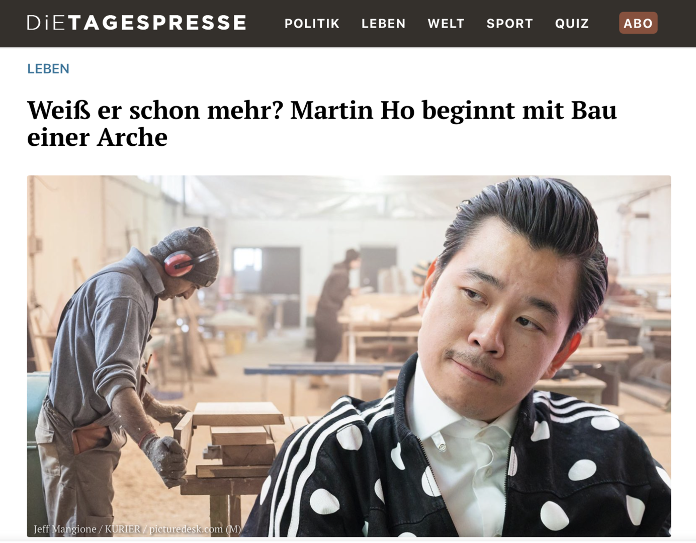 Fotomontage aus einem Hintergrund einer Tischlerei und Martin Ho Porträt im Vordergrund