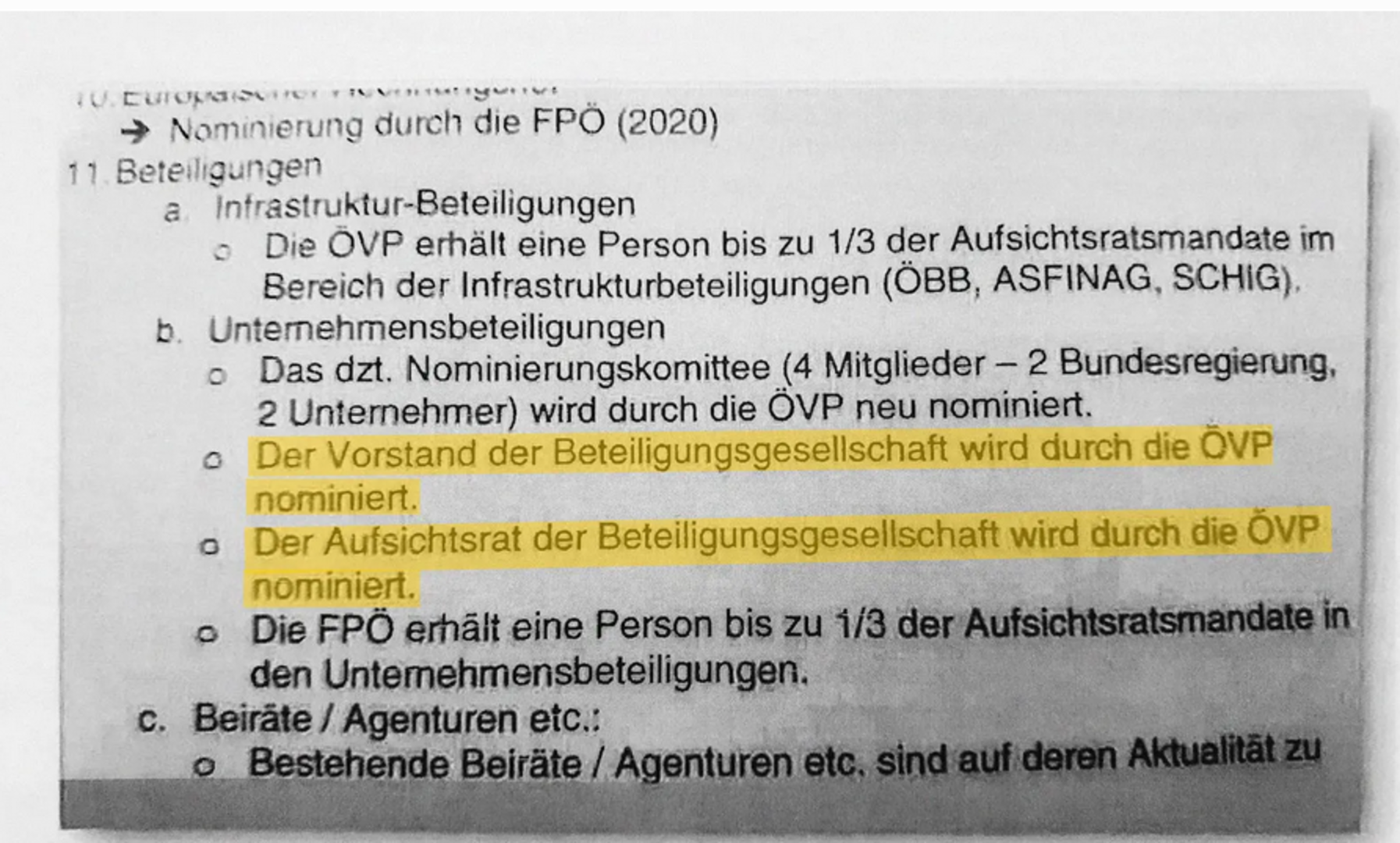 Ein Screenshot des Dokuments mit der Nebenabsprache. Markiert ist die Passage: Der Vorstand der Beteiligungsgesellschaft wird durch die ÖVP nominiert. Der Aufsichtsrat der Beteiligungsgesellschaft wird durch die ÖVP nominiert.