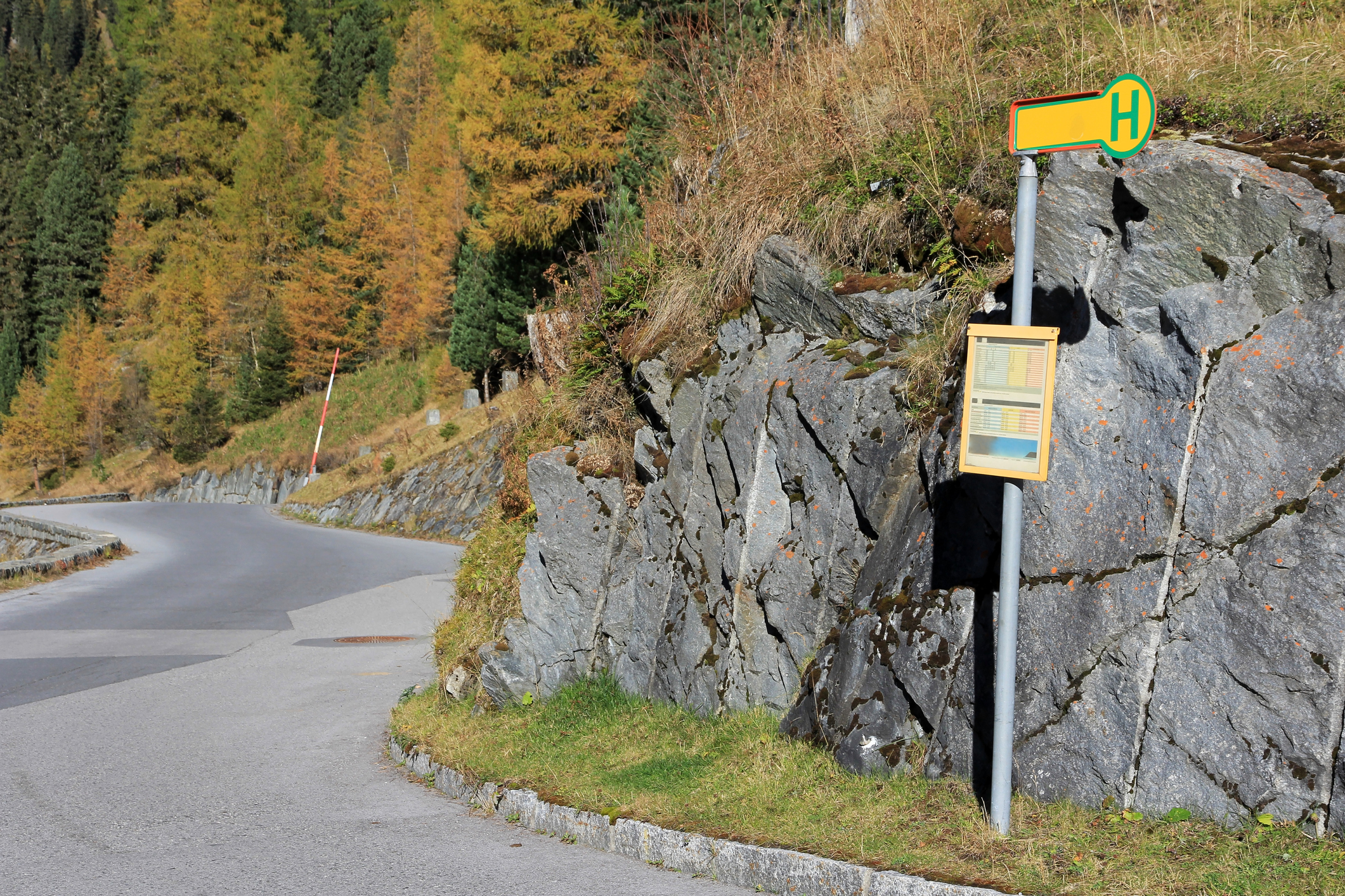 Eine Bushaltestelle entlang einer kurvigen Bergstraße