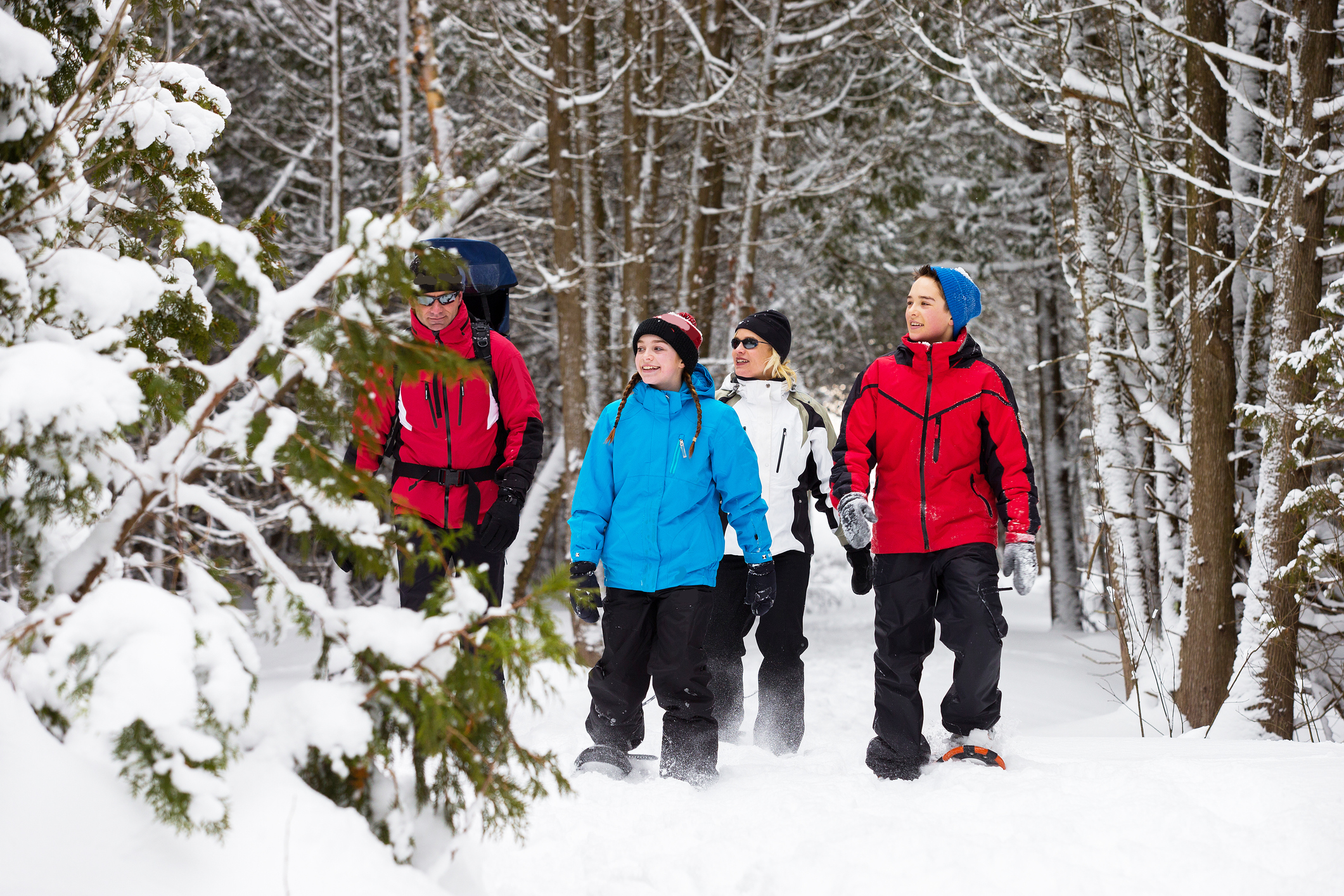Eine Familie stapft in Schneeschuhen durch ein schneebedecktes Waldstück