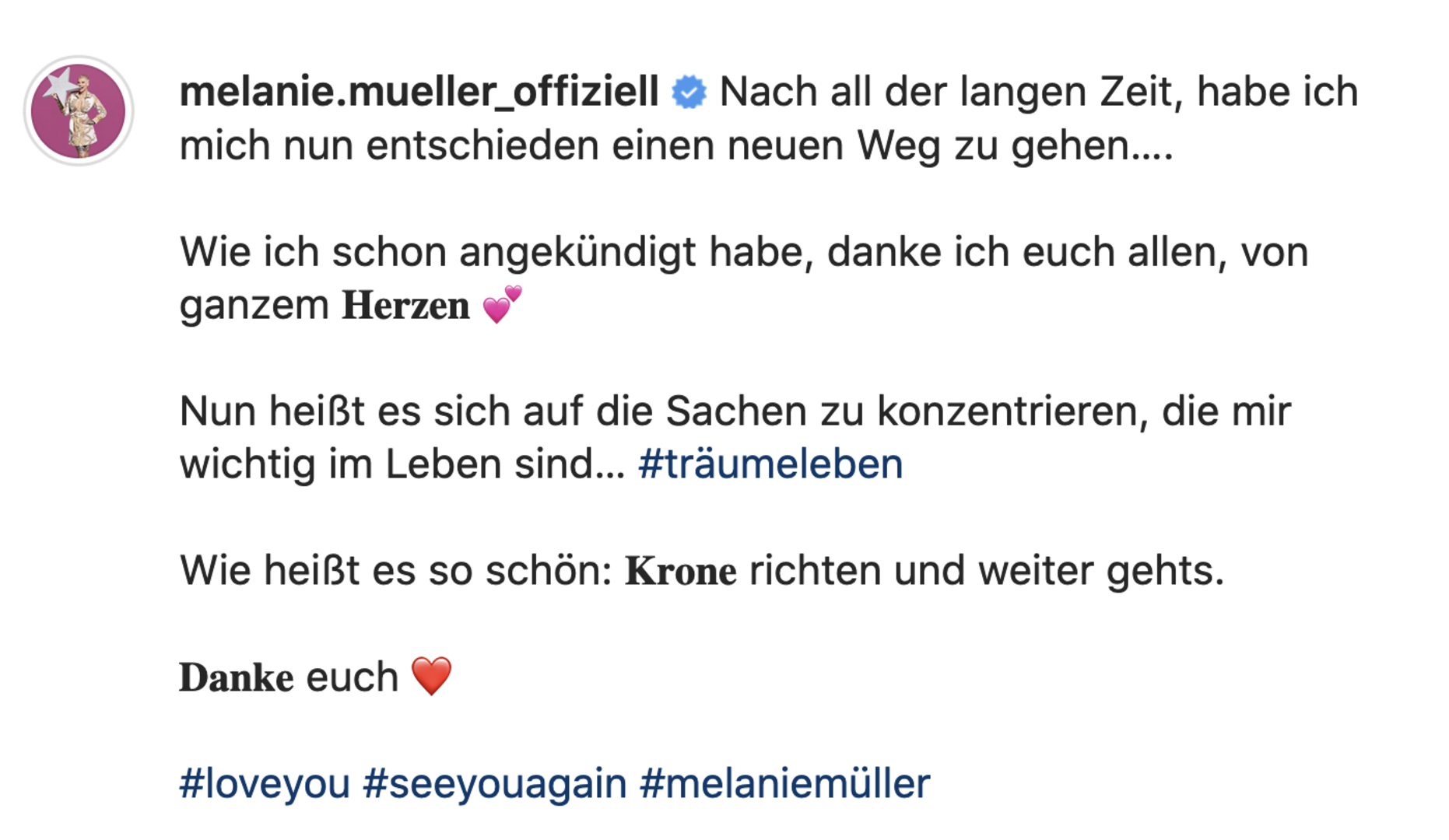 Screenshot Instagram Melanie Müller