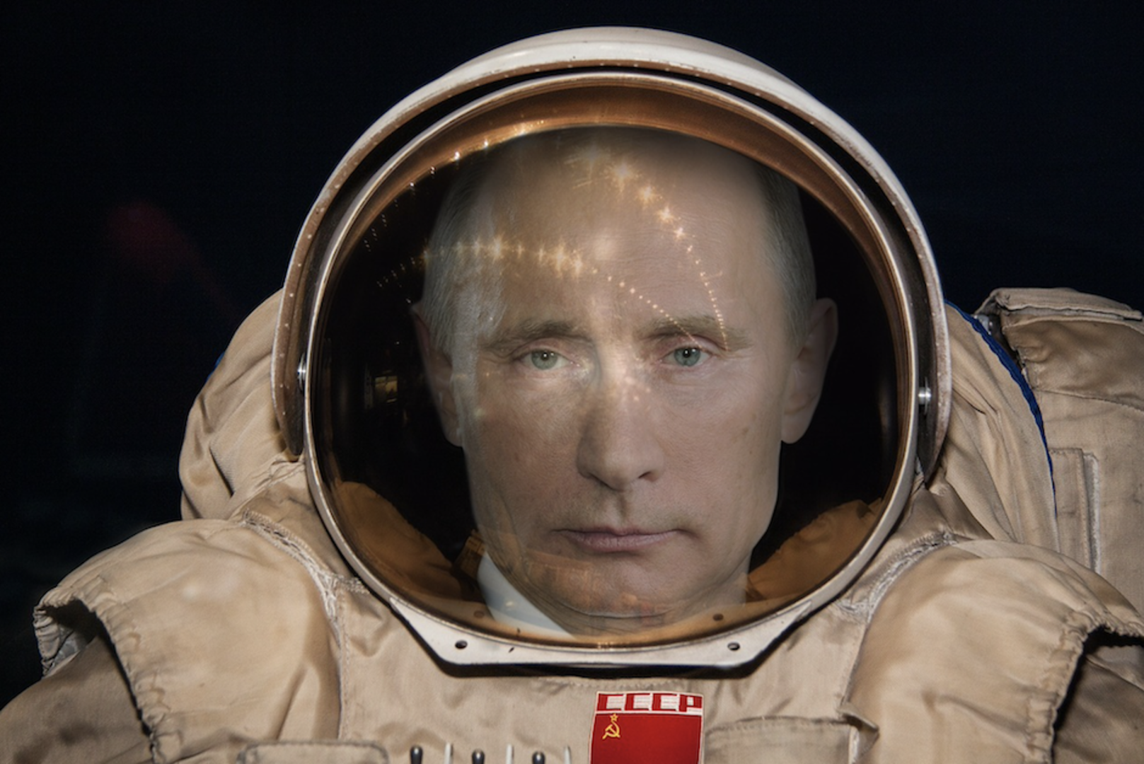 Fotomontage von Putins Gesicht in einem Astronautenhelm