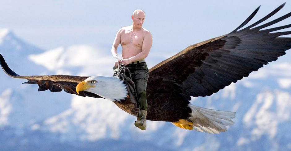 Putin sitzt auf eiem Adler und fliegt durch die Lüfte
