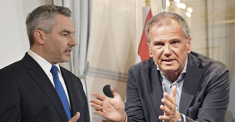 Links Karl Nehammer, rechts Armin Wolf - Collage