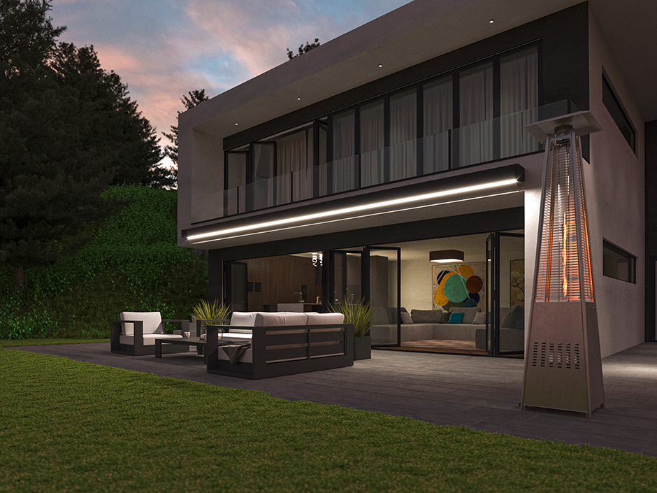 Gelenkarmmarkise der TRENDLINIE ARTBOX in der Abenddämmerung | Credit: WOUNDWO