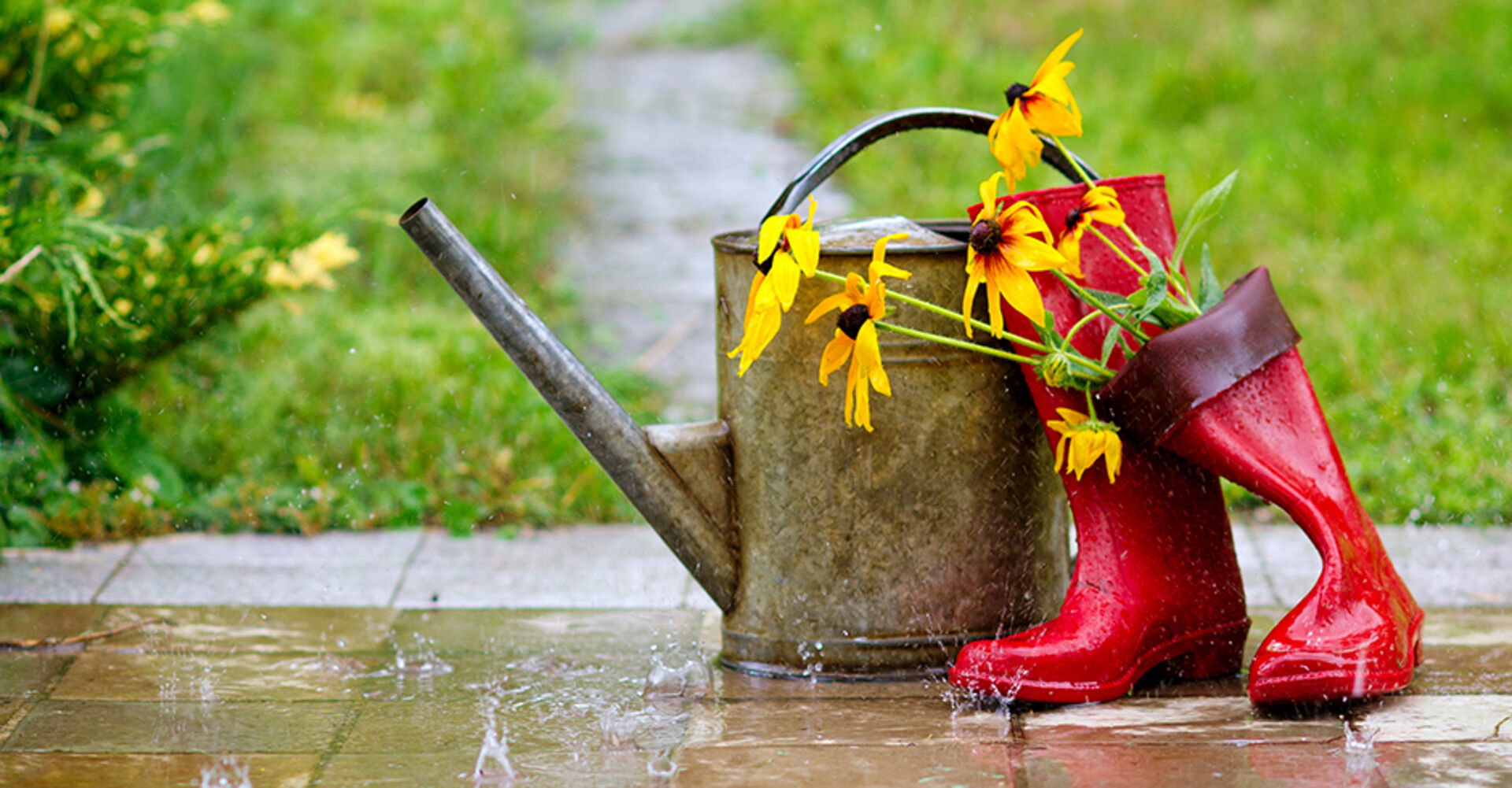 Gießkanne und Gummistiefel im Regen | Credit: iStock.com/ZoiaKostina