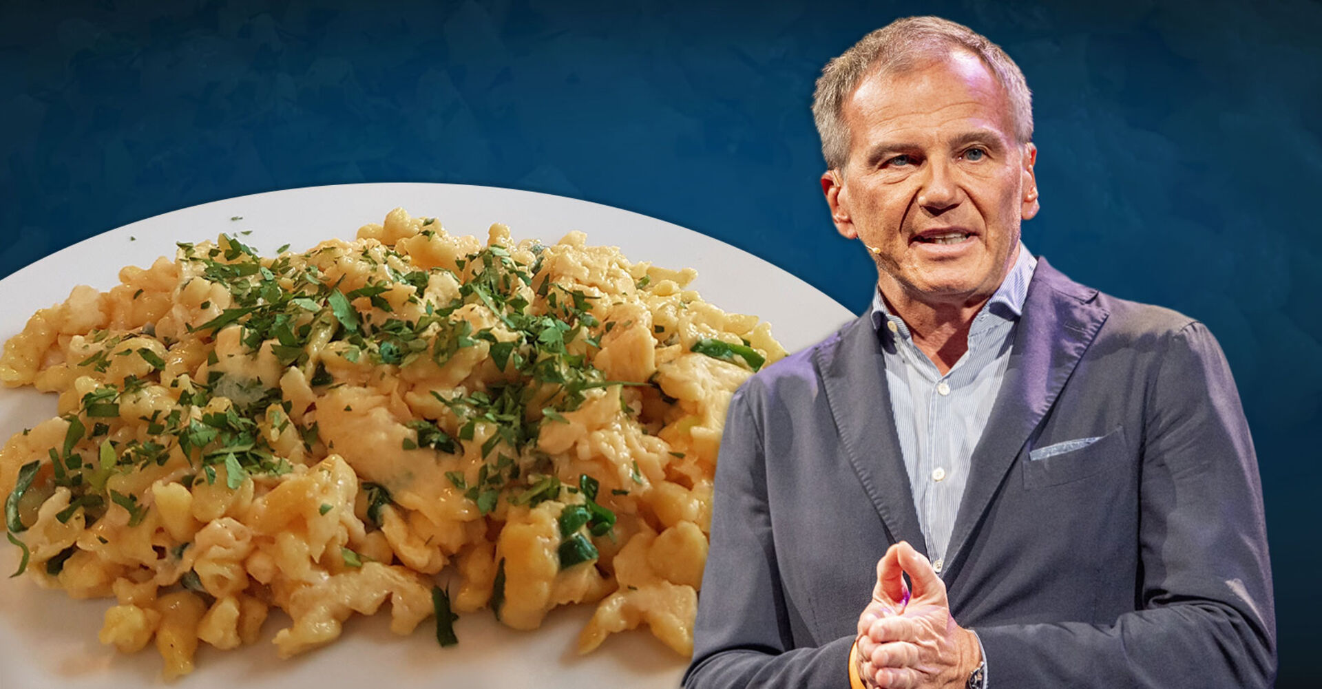 Fotomontage: Ein Teller mit Eiernockerl, daneben Moderator Armin Wolf.
