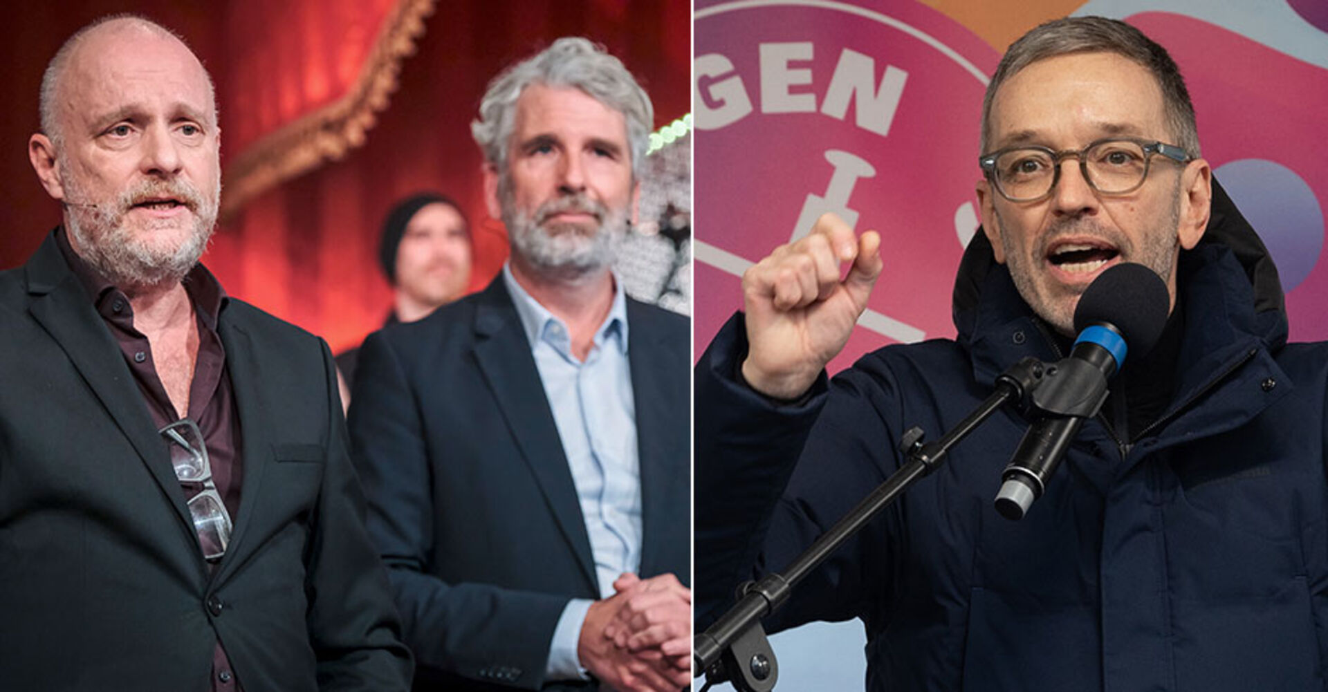 Zwei Bilder nebeneinander: Links Christoph Grissemann und Dirk Stermann am Set von Willkommen Österreich. Rechts Herbert Kickl, der eine Rede hält