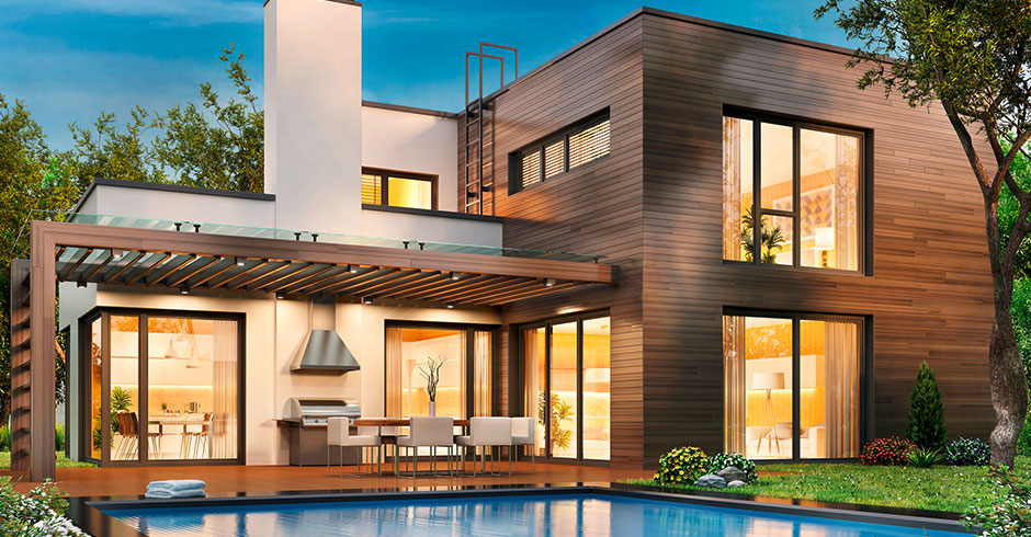 Modernes Wohnhaus mit großen Glasfronten und Pool | Credit: iStock.com/sl-f