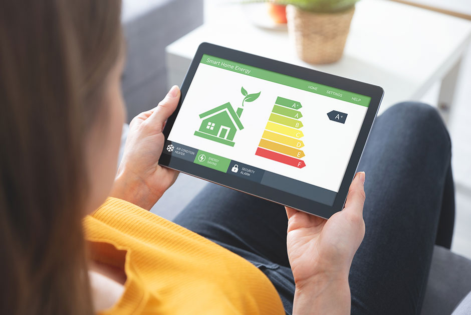 Junge Frau errechnet am Tablet, wie es um die Energieeffizienz ihres Hauses bestellt ist | Credit: iStock.com/simpson33