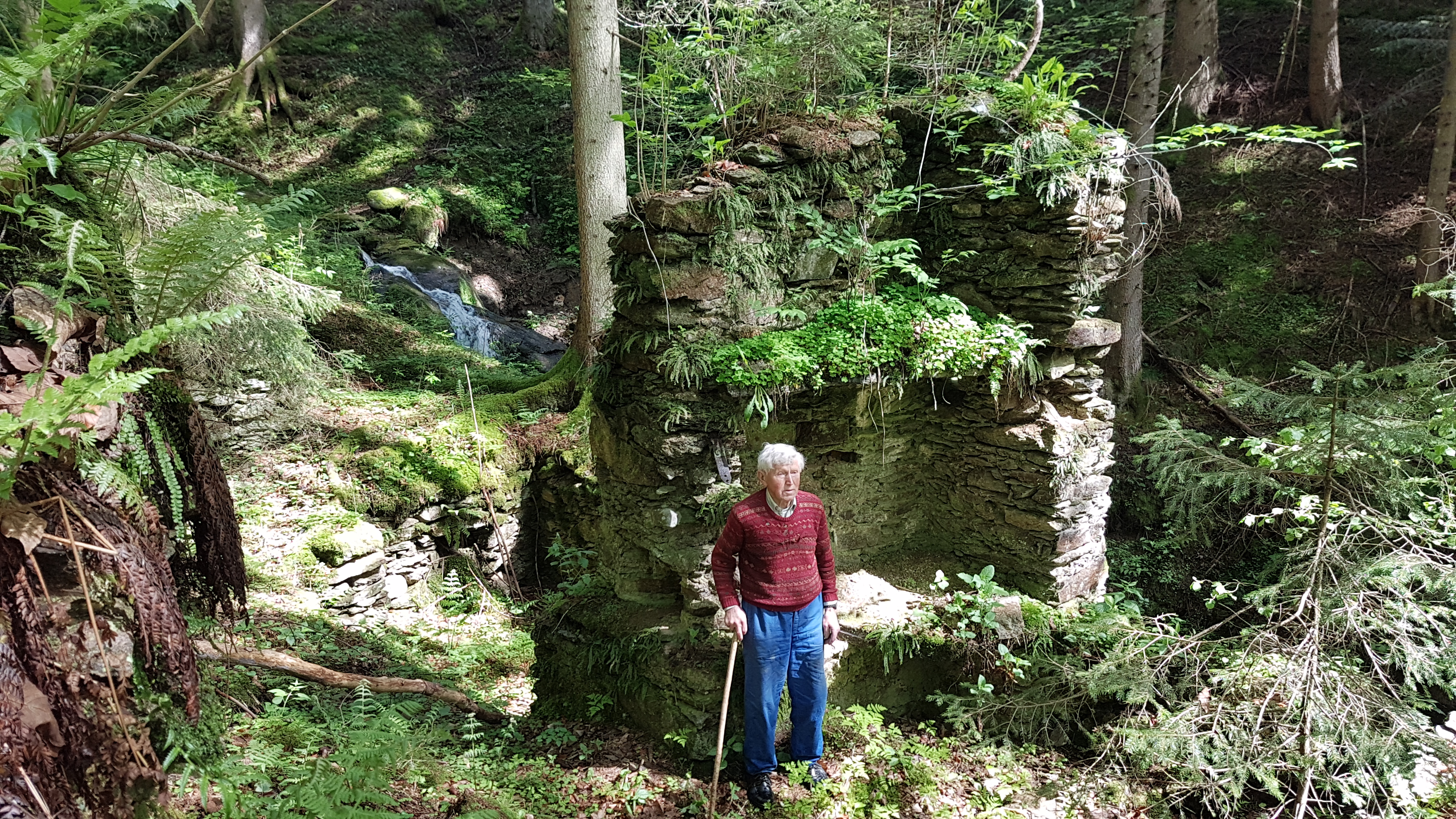 Ein alter Mann mit Gehstock steht vor der Ruine eines Partisanenunterschlupfs in einem Wald