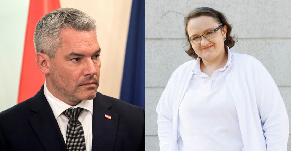 Ein Porträtfoto von Karl Nehammer, daneben eine zweites Foto von Dr. Kellermayr. Sie trägt einen Arztkittel und lächelt