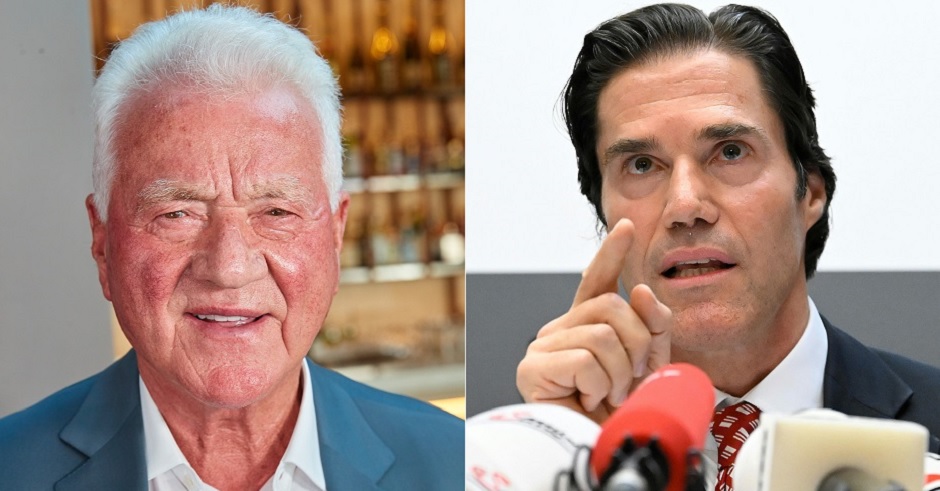Montage: Links ein Porträt von Frank Stronach, Rechts eine Aufnahme von Tassilo Wallentin bei einer Pressekonferenz. Vor ihm Mikrofon