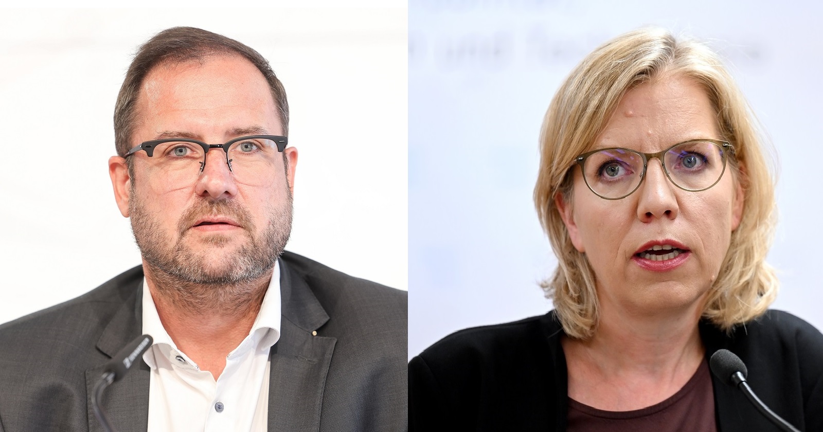 Links ein Porträt von FPÖ-Verkehrssprecher Hafenecker, rechts Leonore Gewessler bei einer Pressekonferenz.