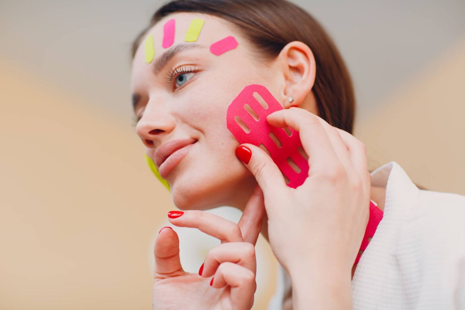 Junge Frau mit roten Beauty Tapes im Gesicht | Credit: iStock.com/primipil