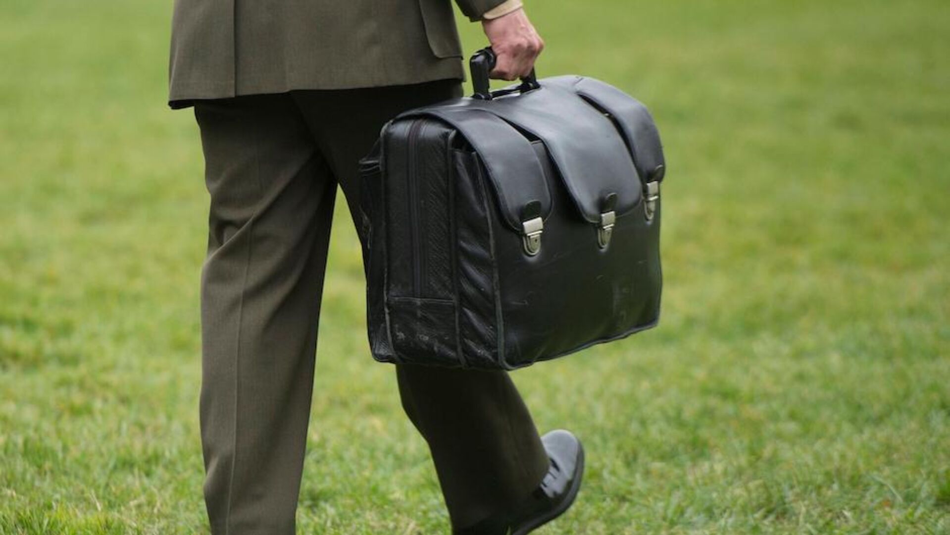 Koffer wird von mann über Rasen getragen